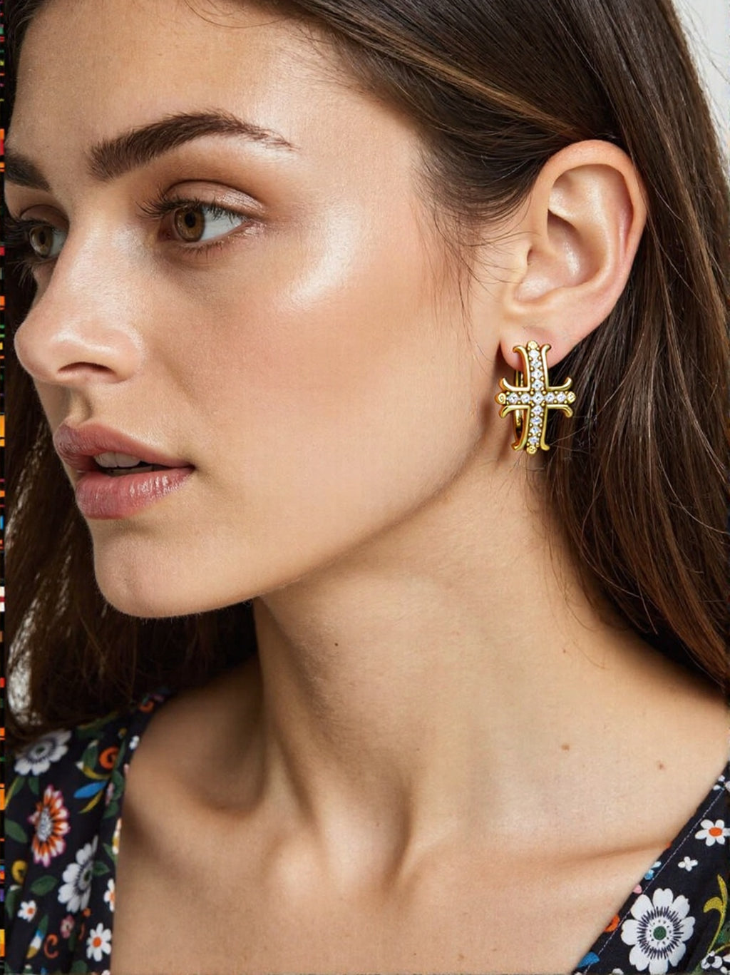 High-end diamond-encrusted gold-plated cross earrings, unique design, antique gold, understated luxury earrings.