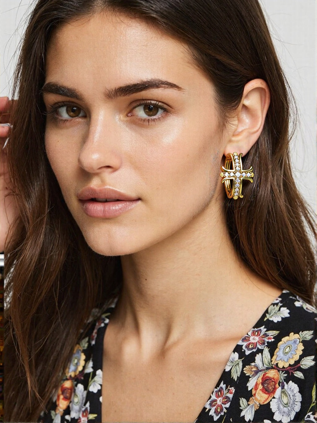 High-end diamond-encrusted gold-plated cross earrings, unique design, antique gold, understated luxury earrings.