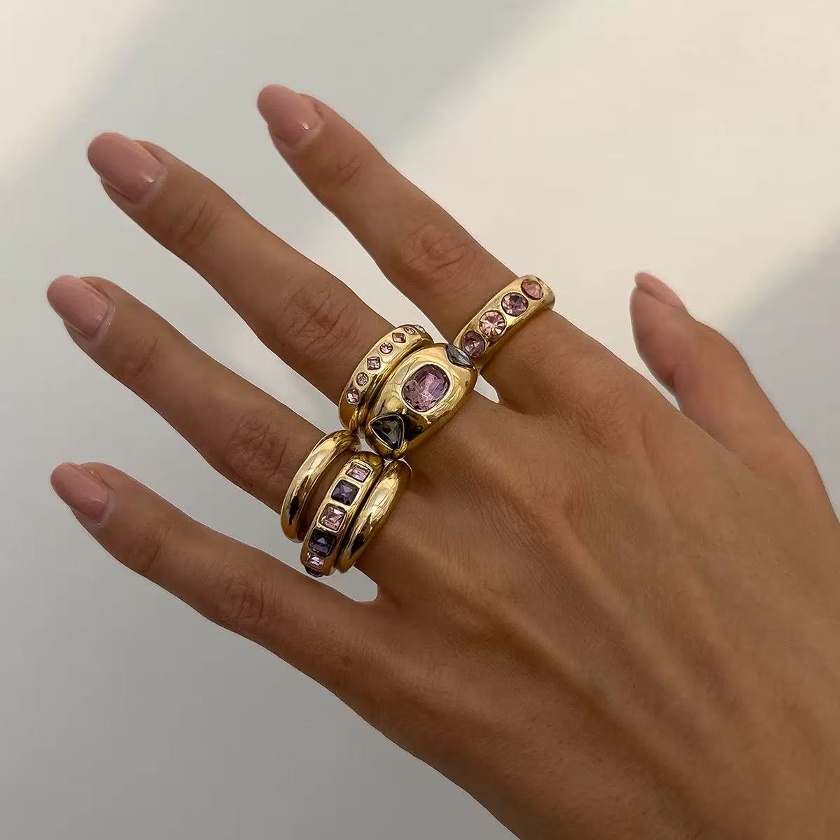 European and American fashion Instagram style colorful gemstone inlaid ring set, metallic smooth rings
