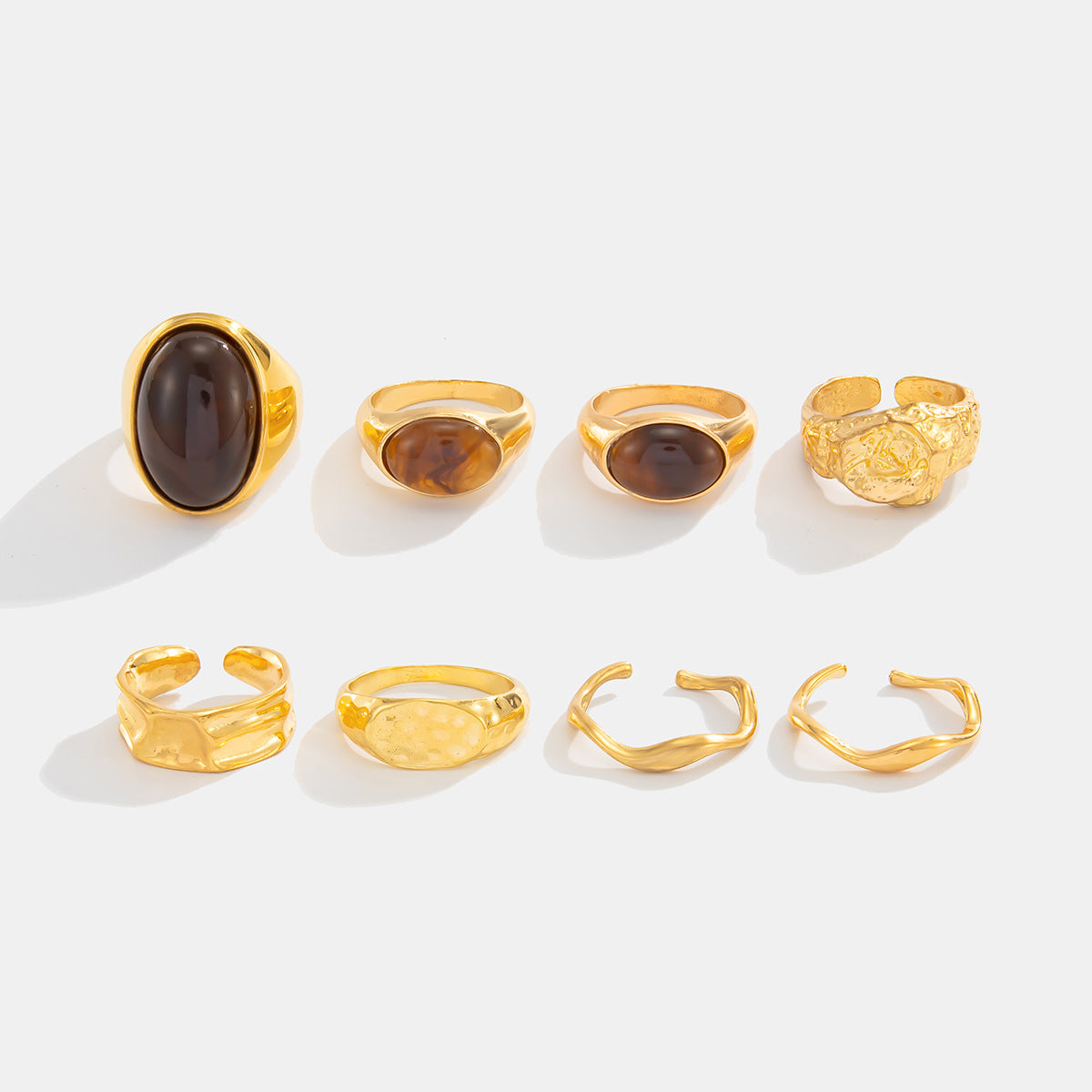 Fashionable and luxurious gemstone open ring set; stylish and trendy metallic polished pleated ring.