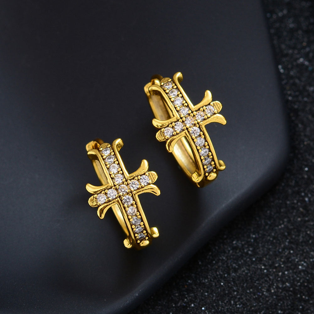 High-end diamond-encrusted gold-plated cross earrings, unique design, antique gold, understated luxury earrings.