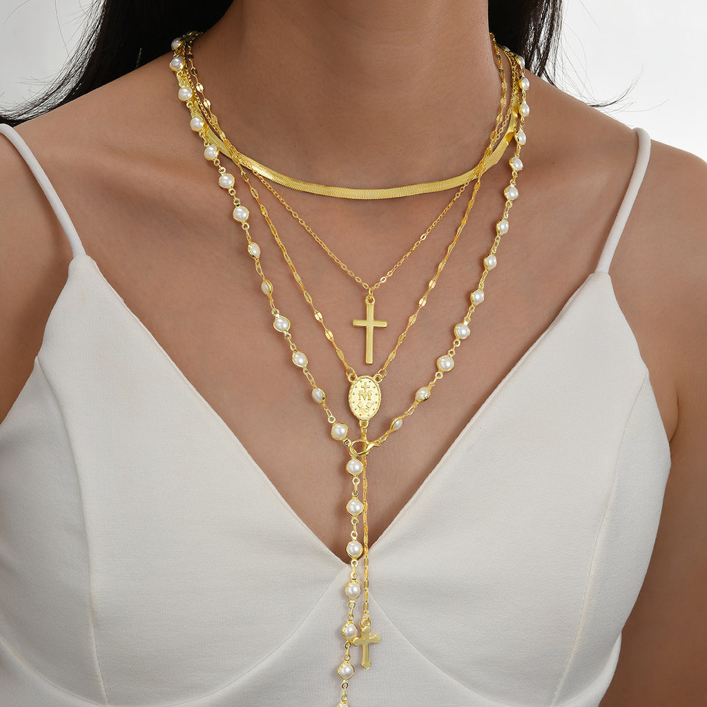 Layered Pearl Madonna Cross Necklace Luxe Multi-Strand Statement Jewelry
