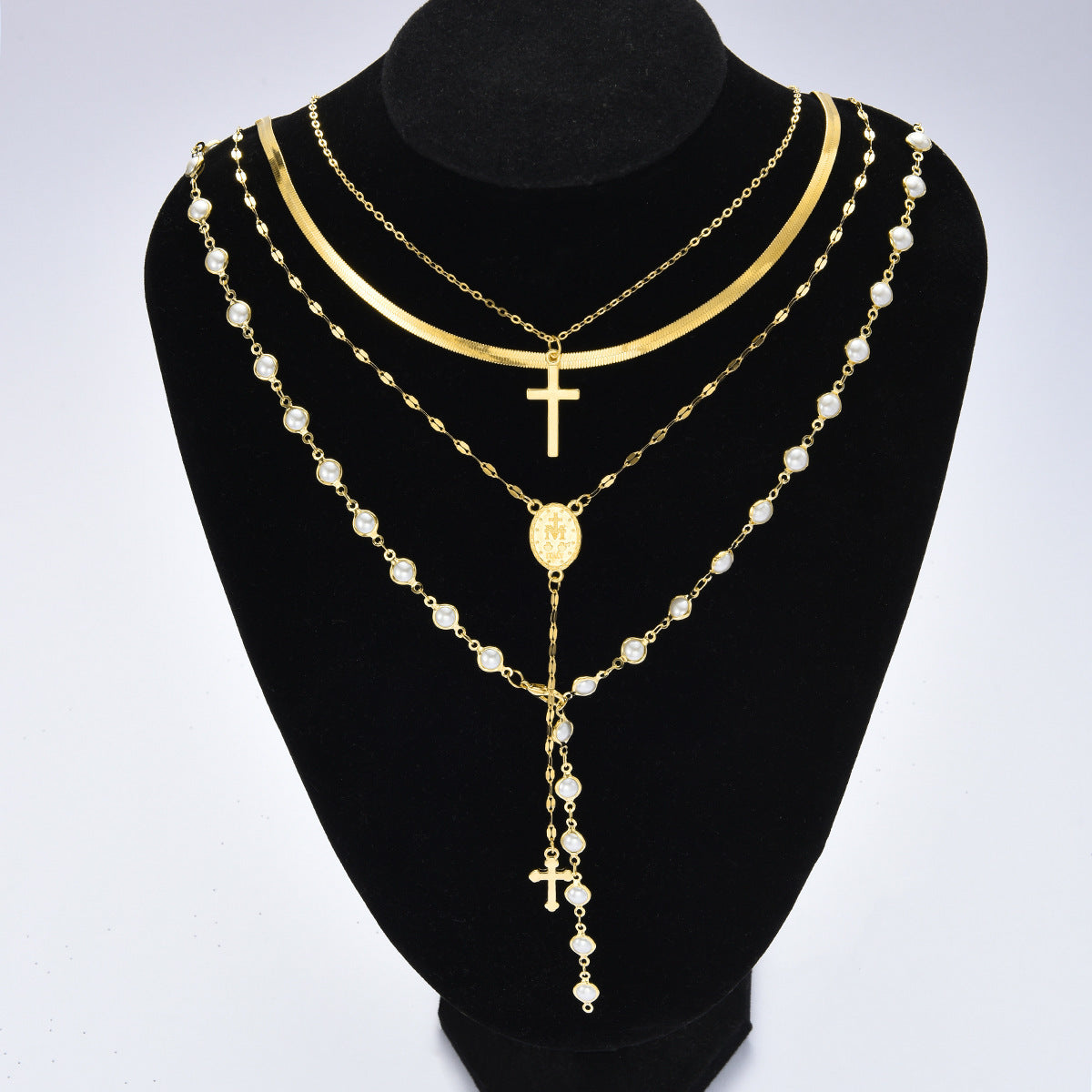 Layered Pearl Madonna Cross Necklace Luxe Multi-Strand Statement Jewelry