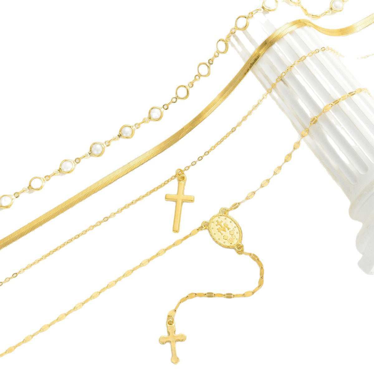Layered Pearl Madonna Cross Necklace Luxe Multi-Strand Statement Jewelry