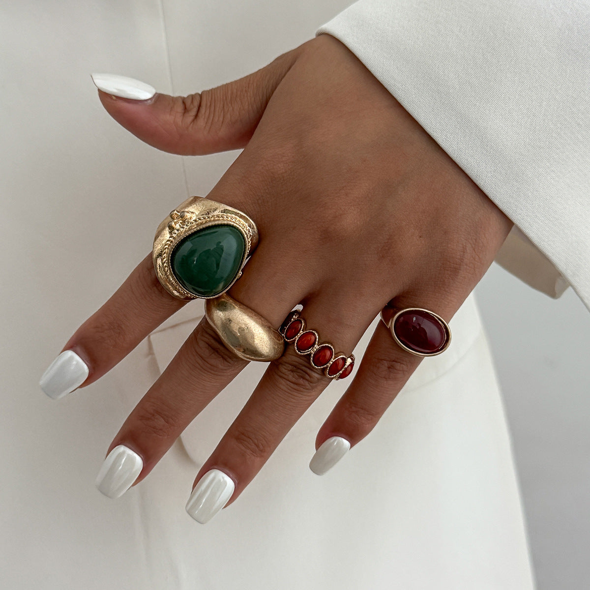 Fashionable and luxurious gemstone open ring set; stylish and trendy metallic polished pleated ring.