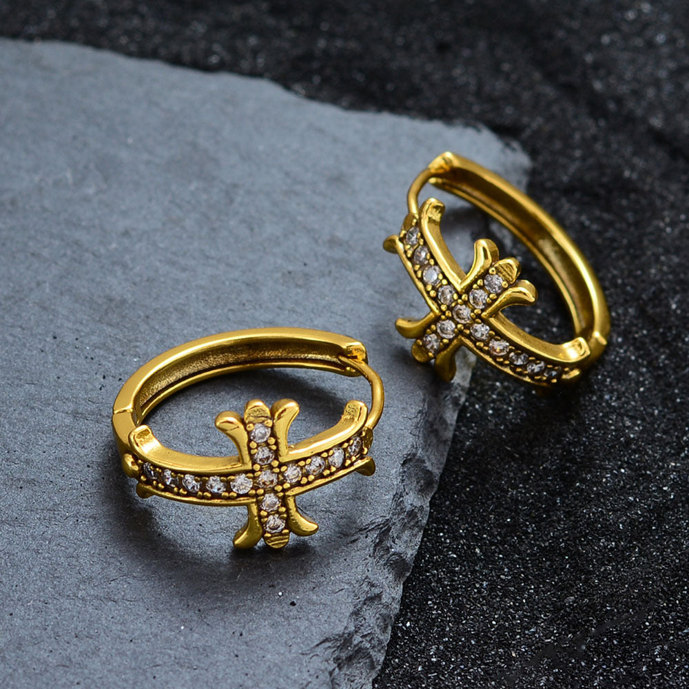 High-end diamond-encrusted gold-plated cross earrings, unique design, antique gold, understated luxury earrings.