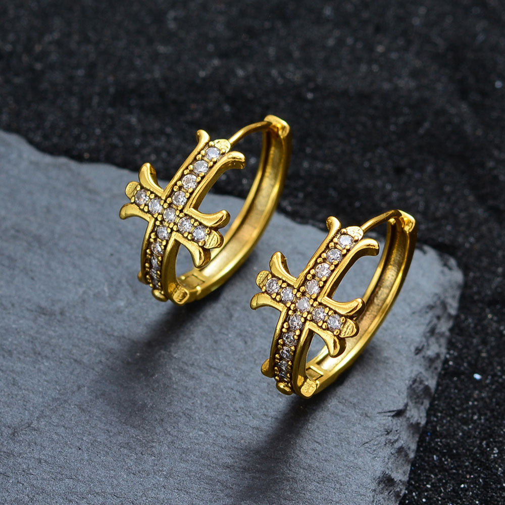 High-end diamond-encrusted gold-plated cross earrings, unique design, antique gold, understated luxury earrings.