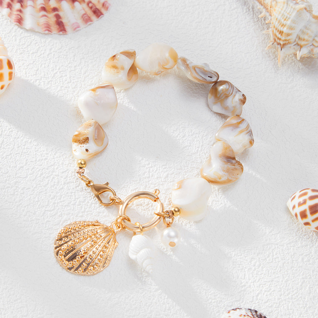 Tropical Seashell Flower Necklace and Bracelet Set | Beach-Style Pearl Jewelry Set