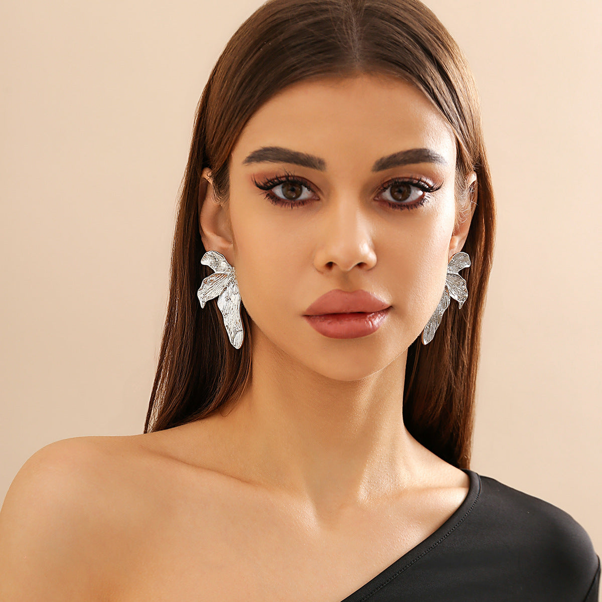 Elegant Silver Textured Leaf Statement Earrings