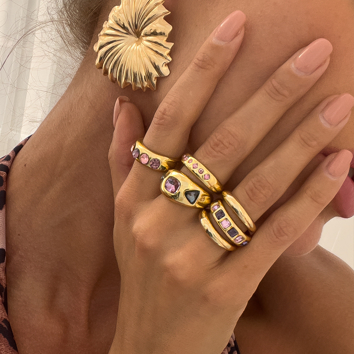 European and American fashion Instagram style colorful gemstone inlaid ring set, metallic smooth rings