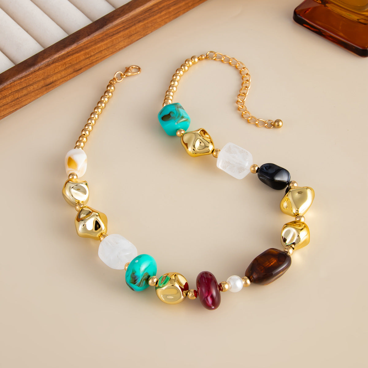 Maillard-style colored resin beaded necklace, vintage irregular CCB clavicle necklace