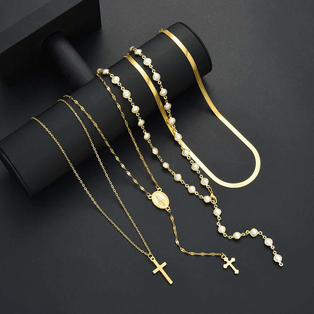 Layered Pearl Madonna Cross Necklace Luxe Multi-Strand Statement Jewelry