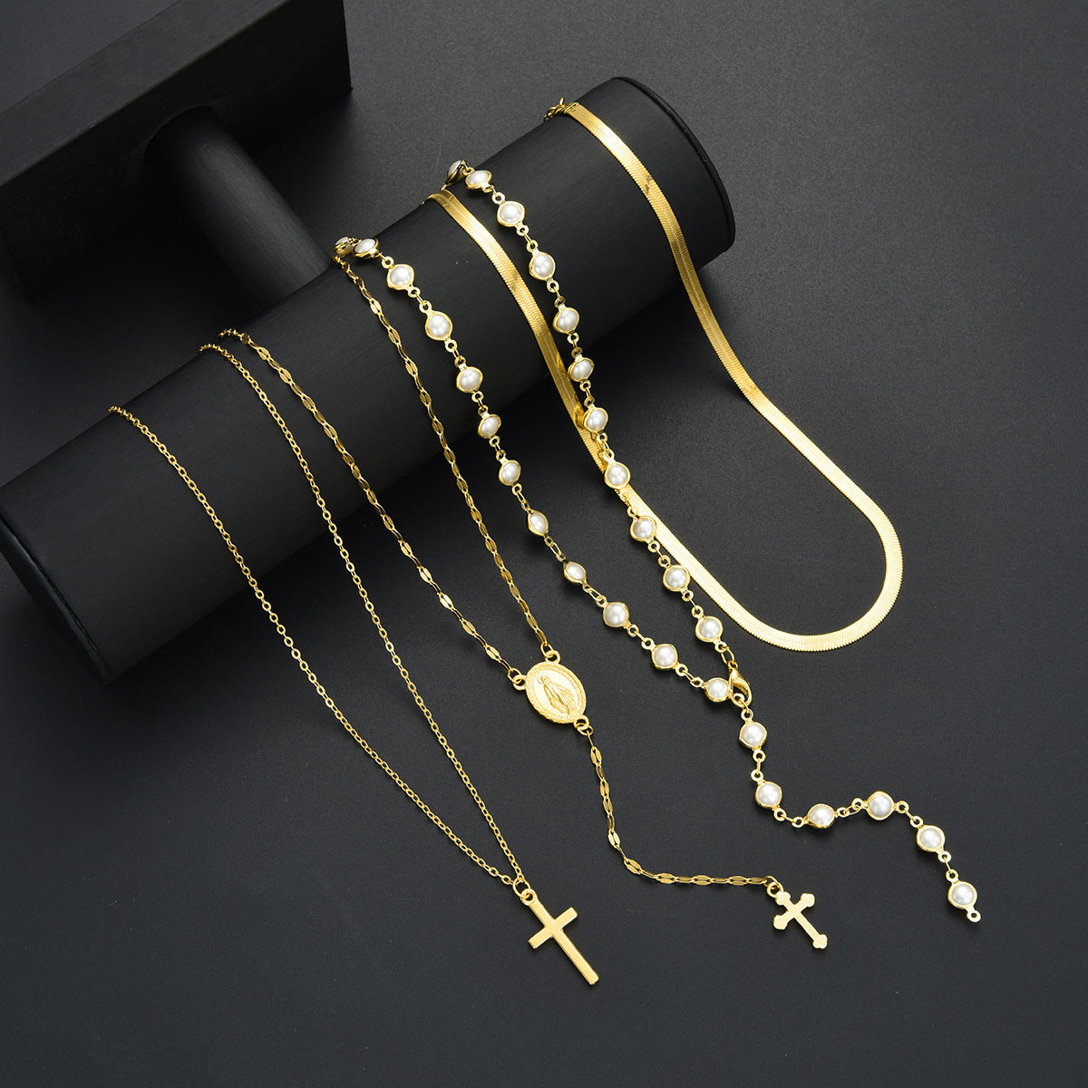 Layered Pearl Madonna Cross Necklace Luxe Multi-Strand Statement Jewelry