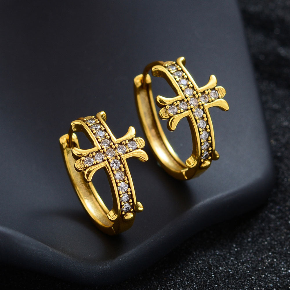 High-end diamond-encrusted gold-plated cross earrings, unique design, antique gold, understated luxury earrings.