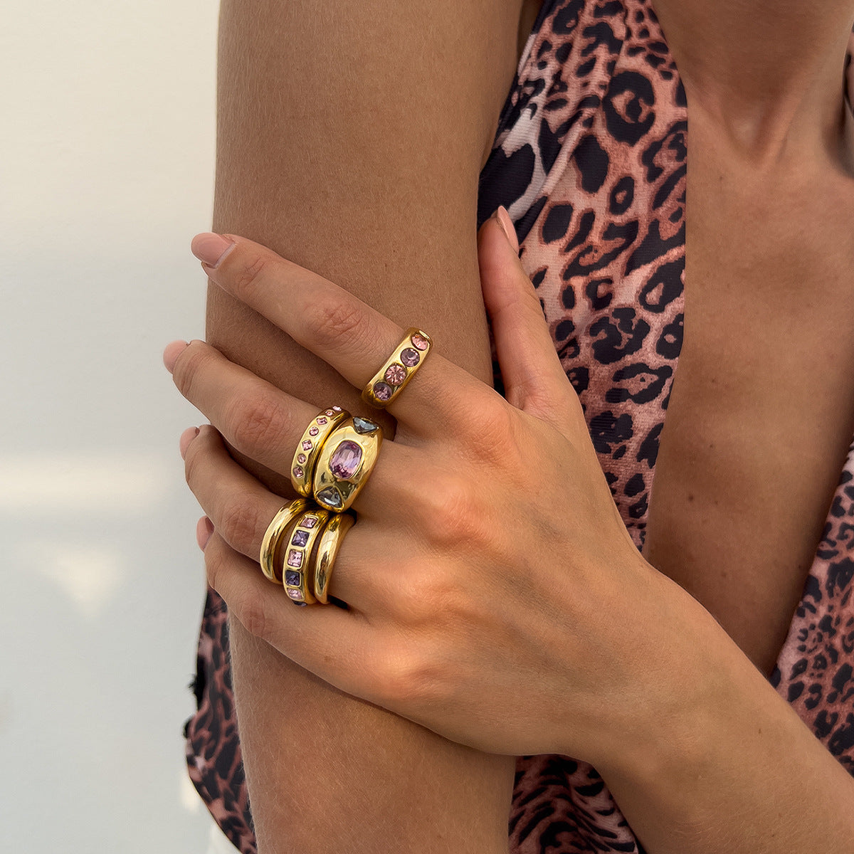 European and American fashion Instagram style colorful gemstone inlaid ring set, metallic smooth rings