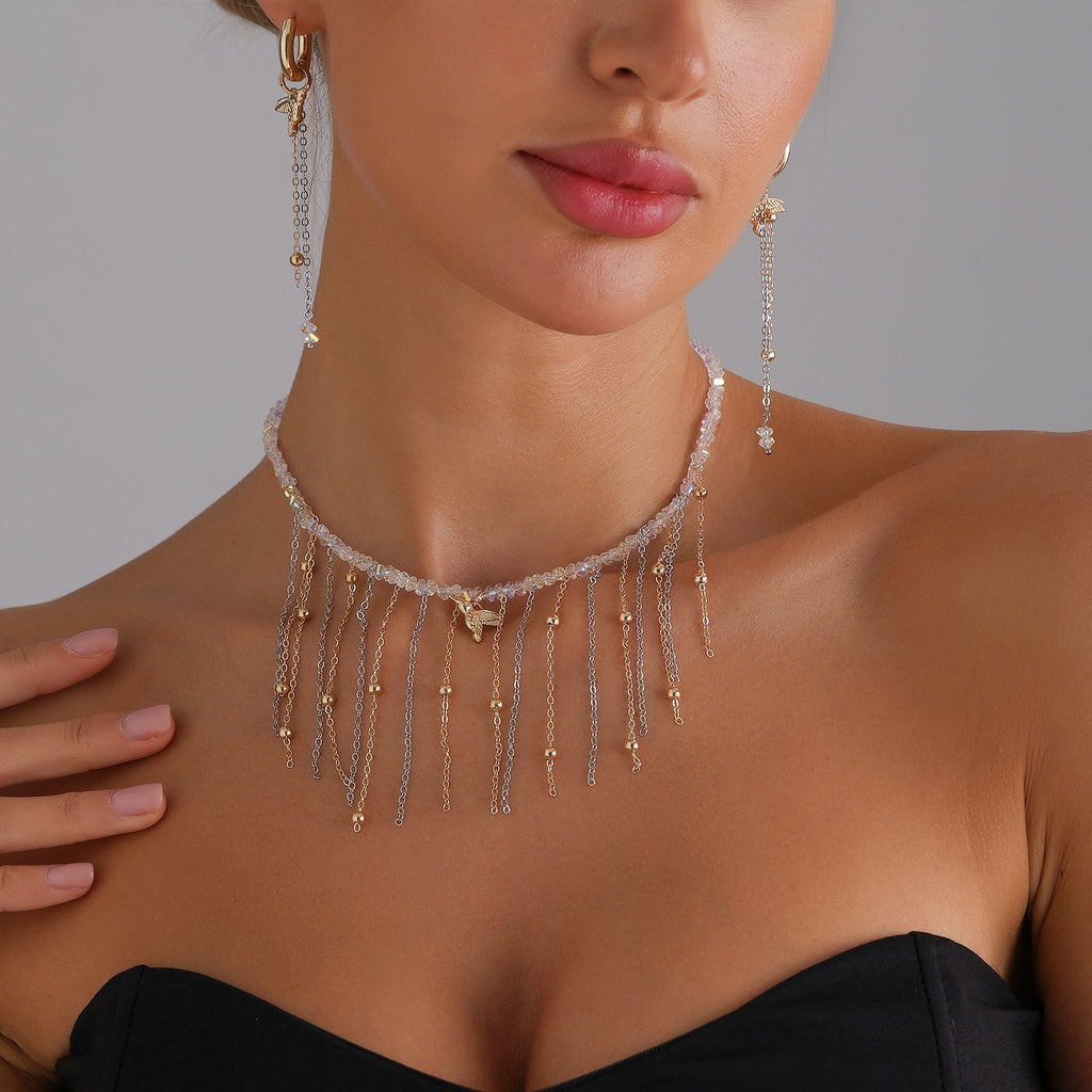 Crystal Tassel Bird Jewelry Set | Elegant Sparkling Necklace & Earrings Duo