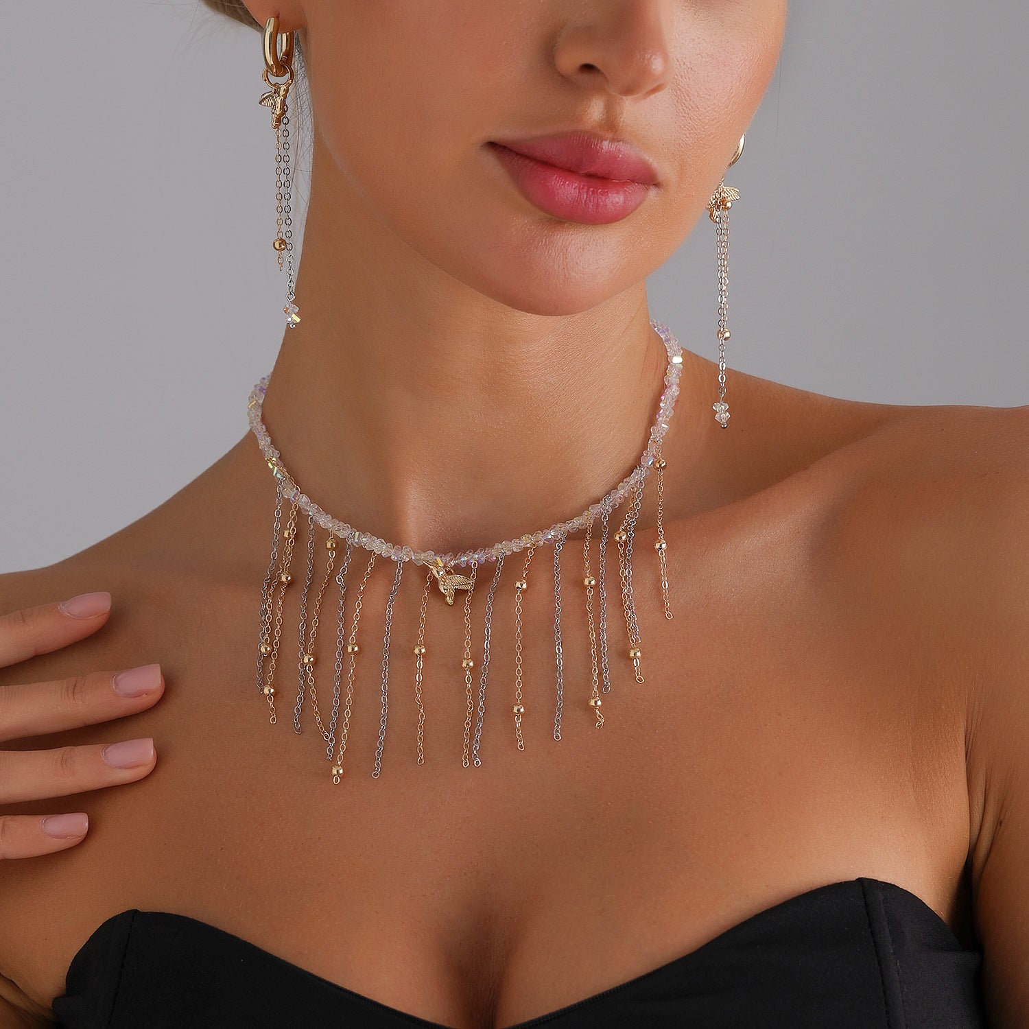 Crystal Tassel Bird Jewelry Set | Elegant Sparkling Necklace & Earrings Duo