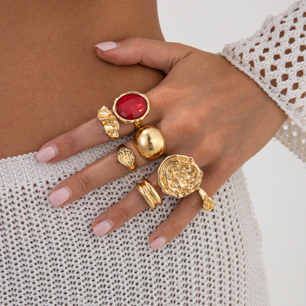 Designer Liquid Metal Pleated Ring Set with Exaggerated Instagram-Style Faux Gemstone Rhinestone Rings