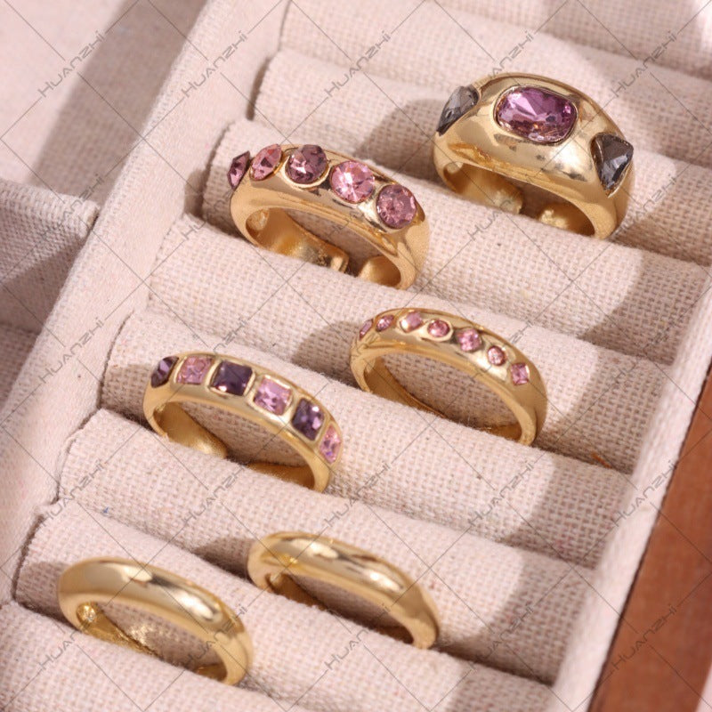 European and American fashion Instagram style colorful gemstone inlaid ring set, metallic smooth rings