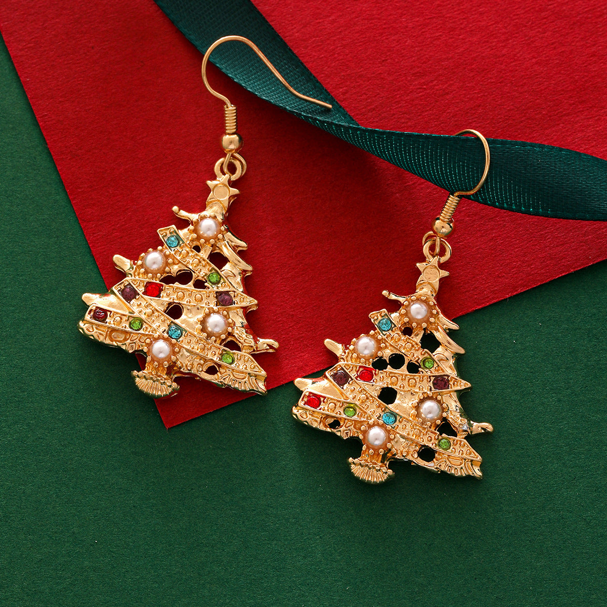 Christmas Tree Earrings with Pearls & Colorful Crystals | Festive Holiday Jewelry Must-Have