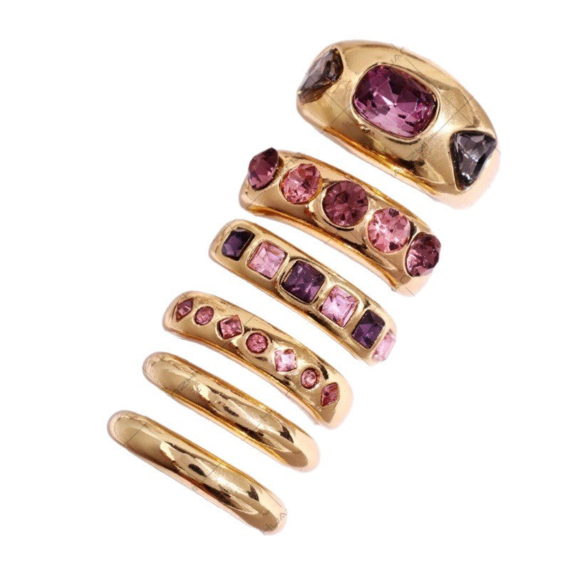 European and American fashion Instagram style colorful gemstone inlaid ring set, metallic smooth rings